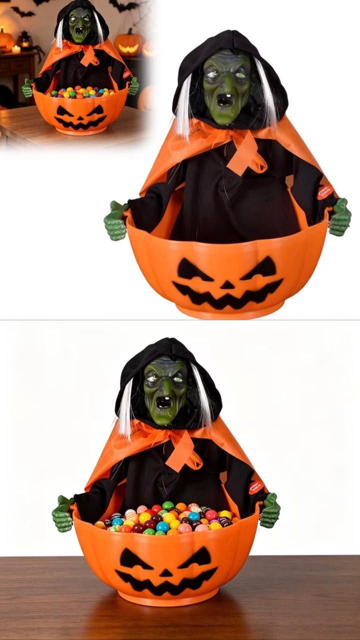 Light, Sound & Press Activated Witch Pumpkin Bowl Candy Tray Animatronic #26 - Image 2