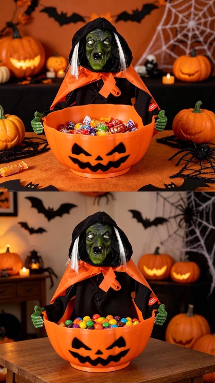 Light, Sound & Press Activated Witch Pumpkin Bowl Candy Tray Animatronic #26 - Image 3