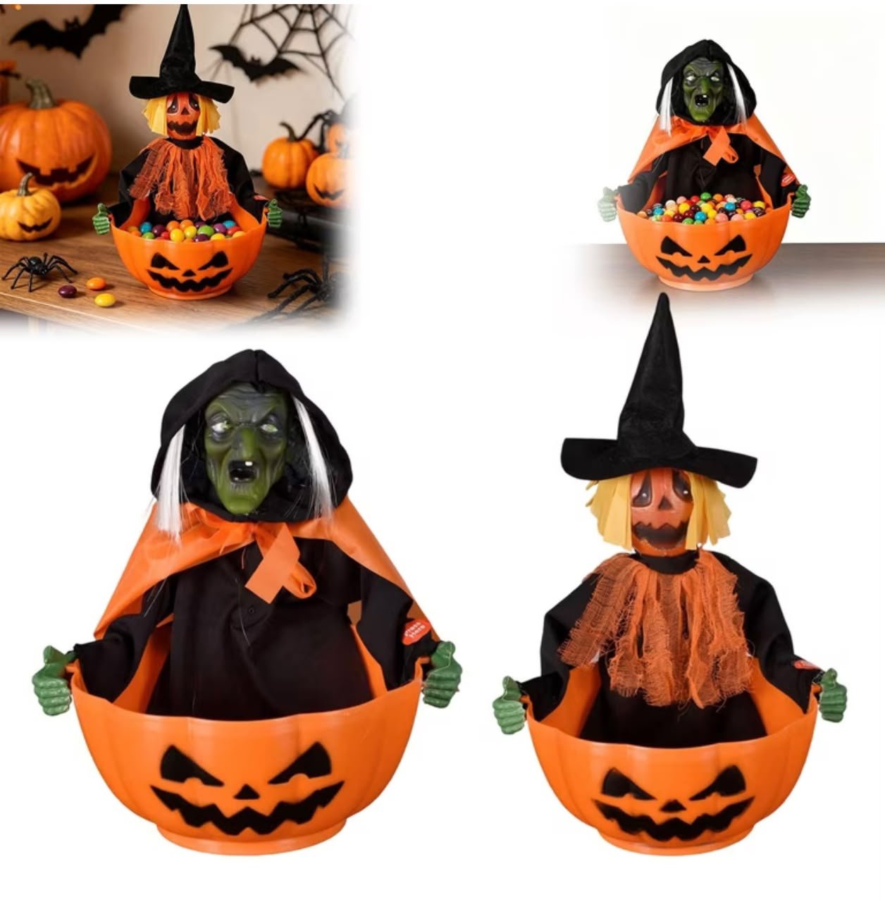 Light, Sound & Press Activated Witch Pumpkin Bowl Candy Tray Animatronic #26 - Image 4