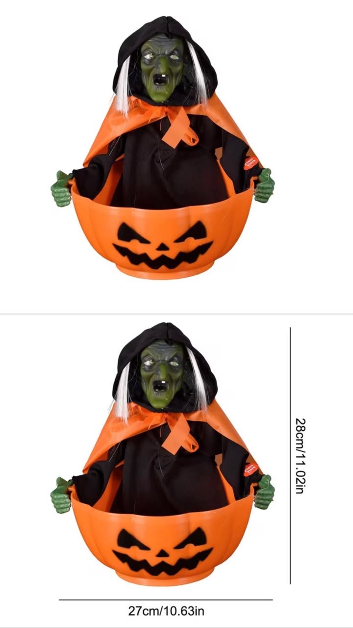 Light, Sound & Press Activated Witch Pumpkin Bowl Candy Tray Animatronic #26 - Image 5