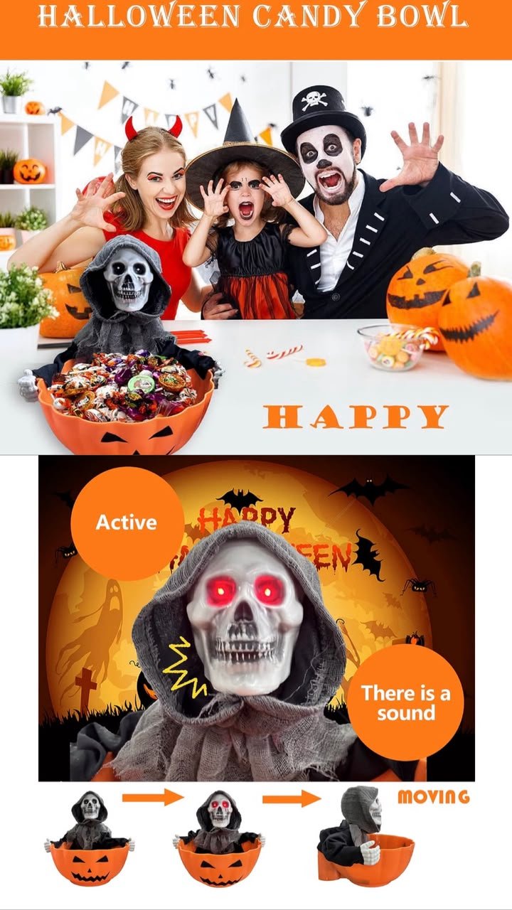 Light, Sound & Press Activated Skeleton Pumpkin Bowl Candy Tray Animatronic #27