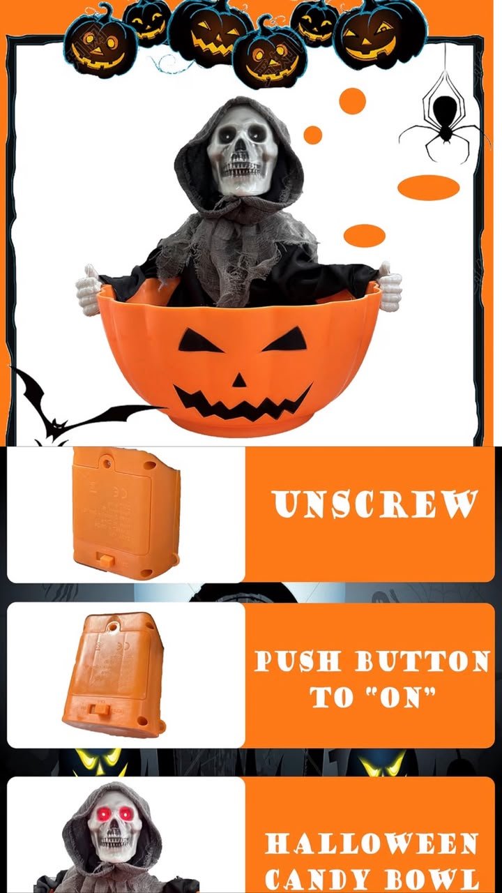 Light, Sound & Press Activated Skeleton Pumpkin Bowl Candy Tray Animatronic #27 - Image 3