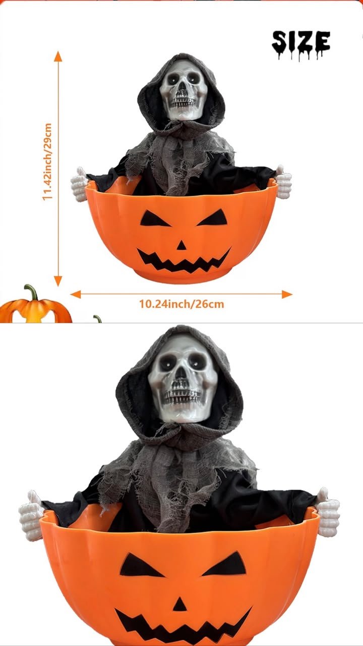 Light, Sound & Press Activated Skeleton Pumpkin Bowl Candy Tray Animatronic #27 - Image 4